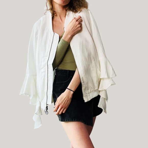 NWT‎ CQ by CQ Ivory Linen Blend Ruffle Bomber Jacket Size L Double Zipper - Picture 5 of 8